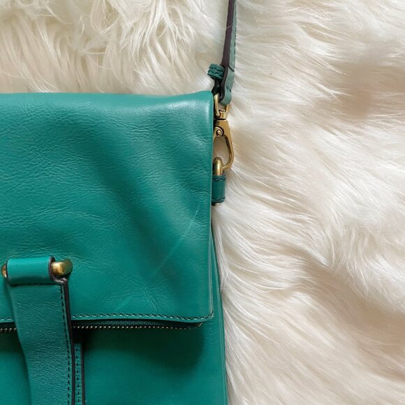 Fossil Teal Blue Green Fanny Leather Convertible Foldover Crossbody Purse Bag - Picture 4 of 11